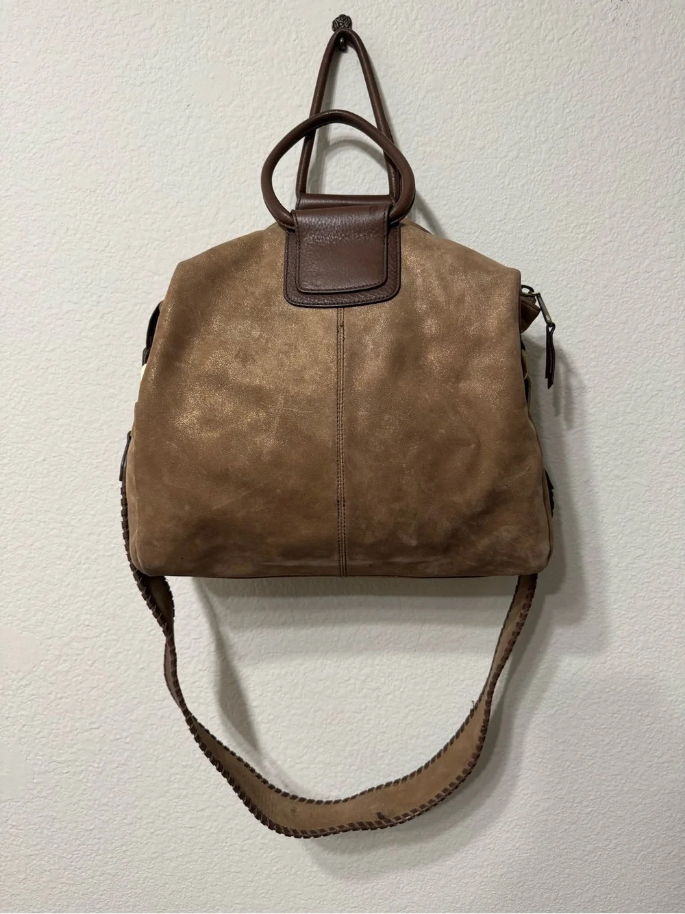 HOBO Original Fringe Accent Suede Shoulder Bag in Taupe and Dark Brown - Picture 2 of 11